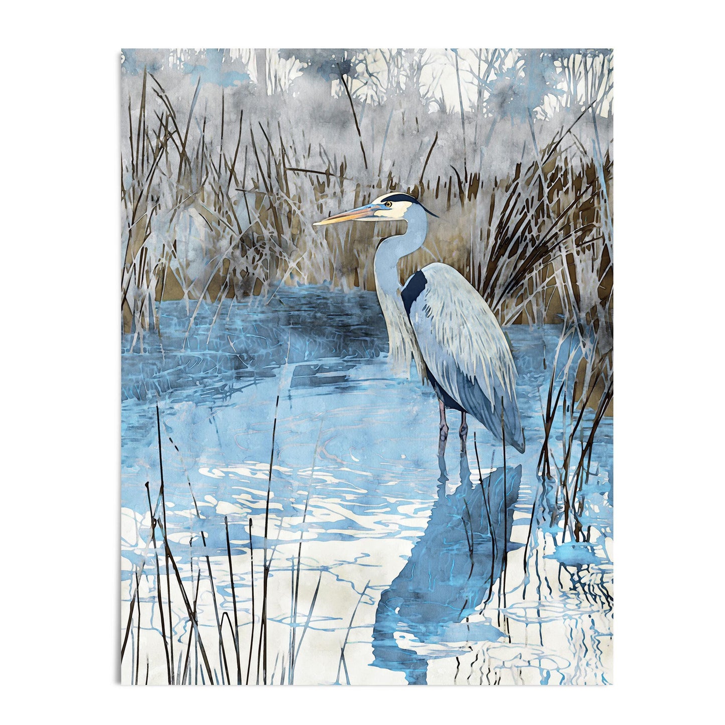 Watercolor-style art print of a heron standing in calm blue water surrounded by tall reeds, its reflection stretching across the rippling surface. The piece features soft blue, gray, and brown tones, capturing a tranquil wetland scene.