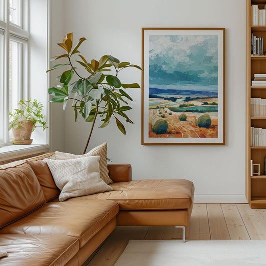 Modern living room with a tan leather sectional sofa, white throw pillows, and a potted plant by a window. On the wall hangs a large framed impressionist landscape painting of hay bales in golden fields under a dramatic teal sky.