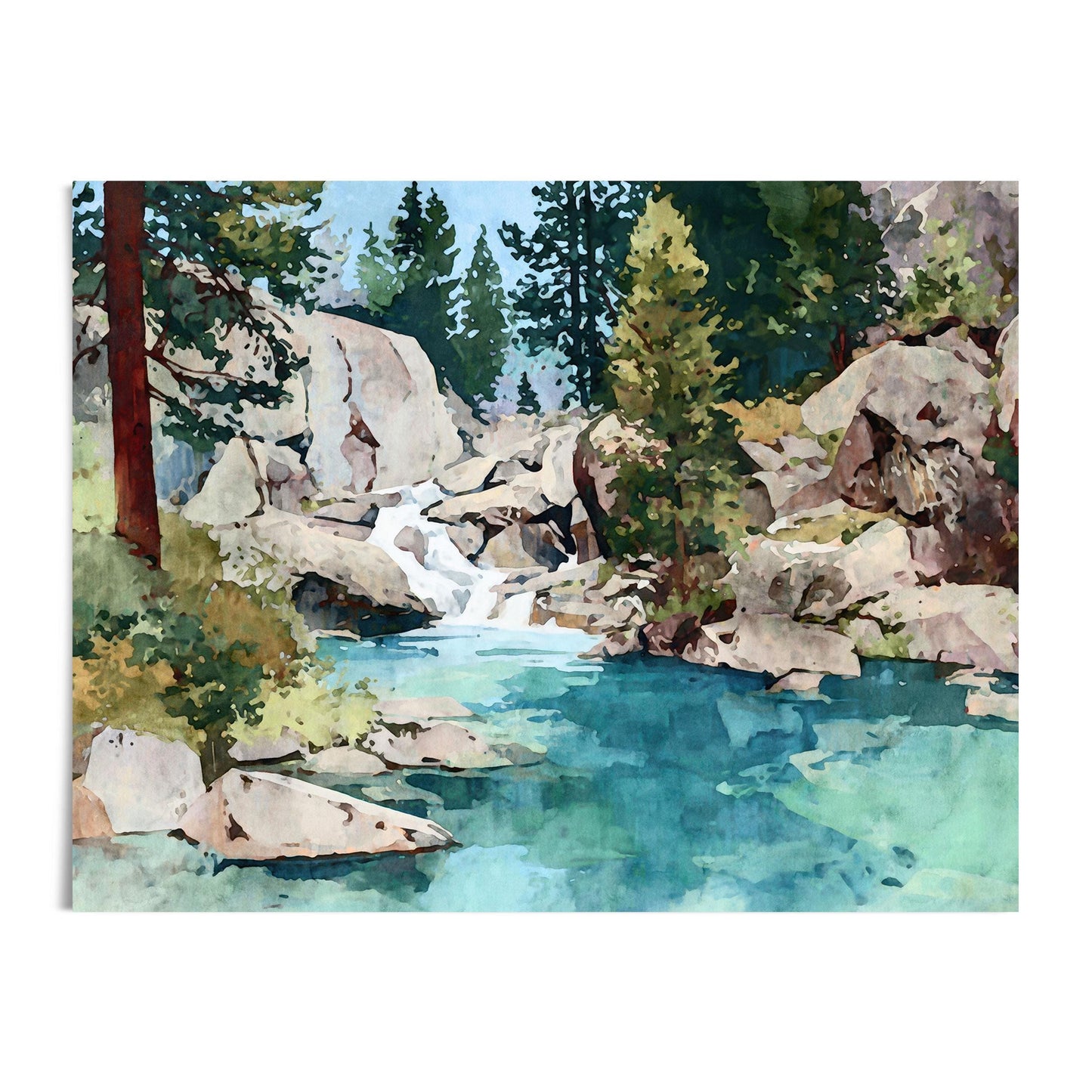 Watercolor landscape art print of a tranquil mountain stream flowing through granite boulders and pine trees, with a small waterfall cascading into a turquoise pool. The soft brushstrokes and natural palette of greens, blues, and stone tones evoke a peaceful alpine forest setting.
