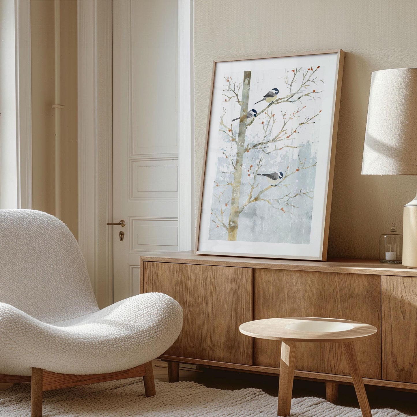 Framed watercolor-style print of three chickadees perched on bare winter branches, leaning against a light wood cabinet. The soft gray-blue snowy background contrasts with the warm wood tones. A cozy cream lounge chair, small wooden table, and neutral décor create a calm, modern interior setting.