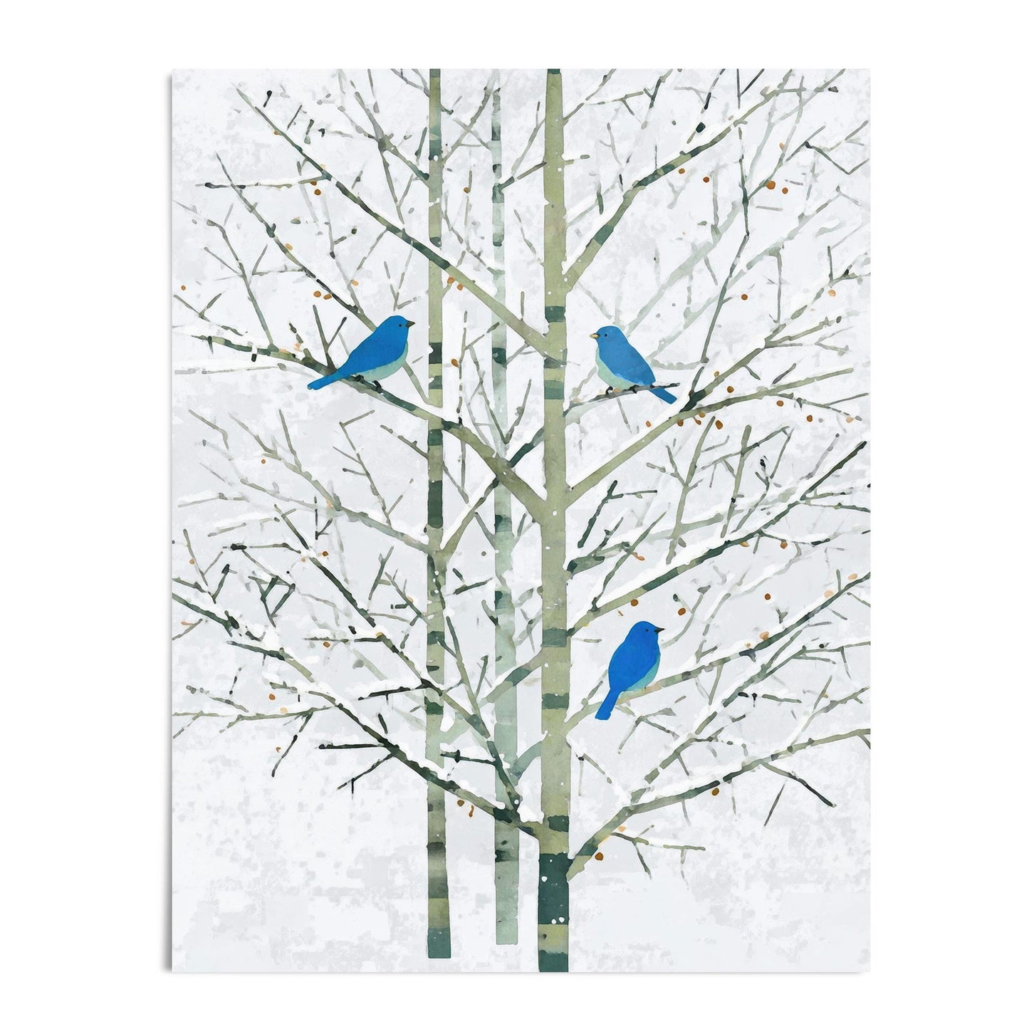 Minimalist watercolor-style art print showing three vivid bluebirds perched on the bare branches of pale green winter trees. The delicate twig network stands against a softly textured white background, creating a calm, modern composition with a serene winter feel.