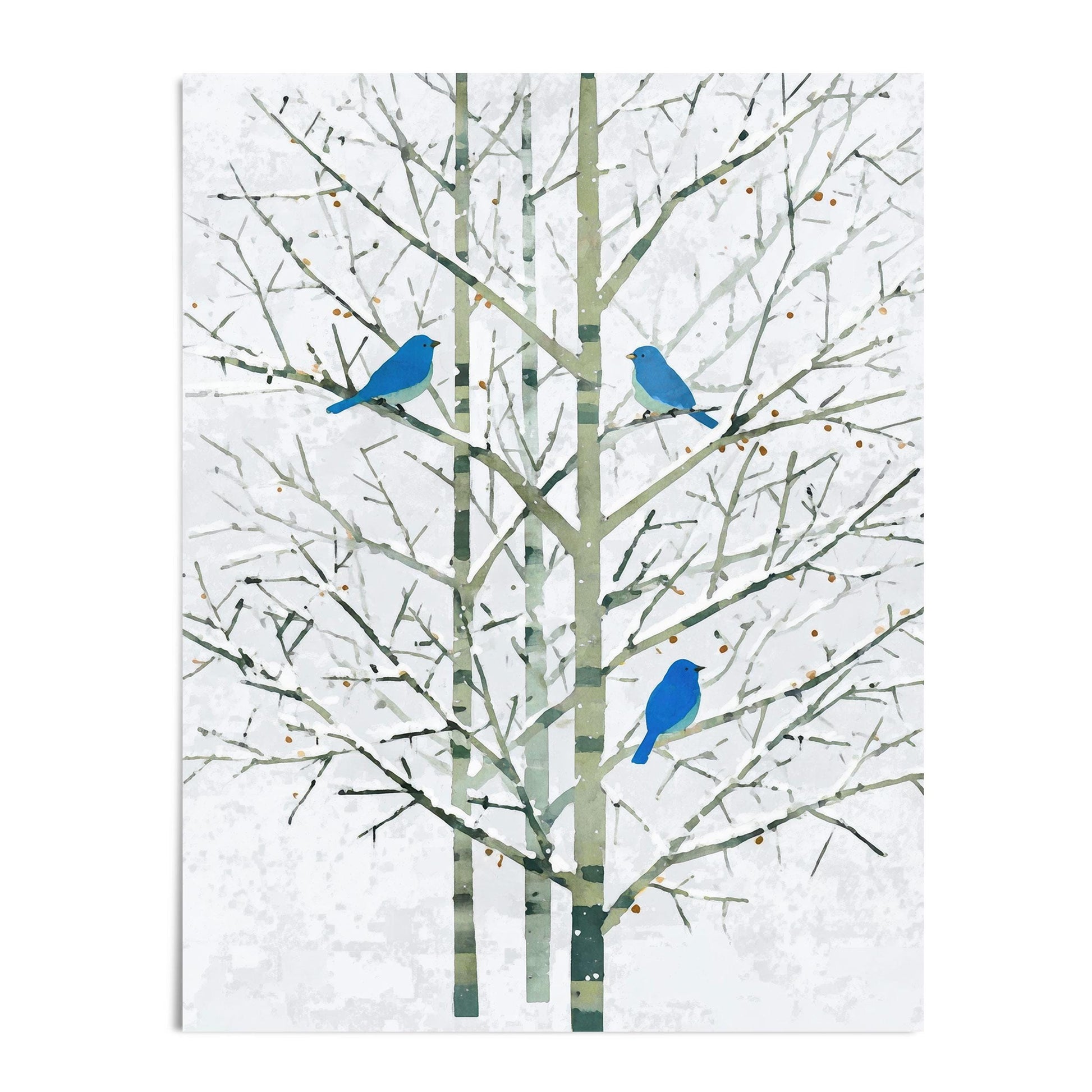 Minimalist watercolor-style art print showing three vivid bluebirds perched on the bare branches of pale green winter trees. The delicate twig network stands against a softly textured white background, creating a calm, modern composition with a serene winter feel.