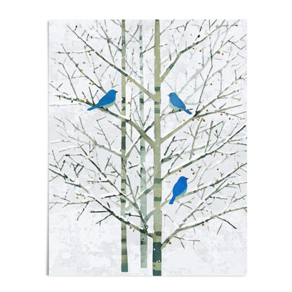 Minimalist watercolor-style art print showing three vivid bluebirds perched on the bare branches of pale green winter trees. The delicate twig network stands against a softly textured white background, creating a calm, modern composition with a serene winter feel.