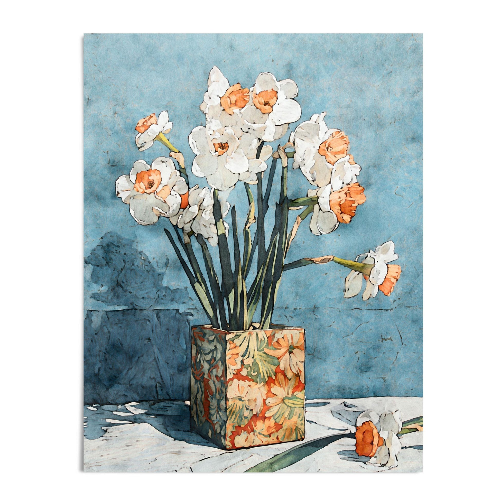 Watercolor-style art print of white daffodils with orange centers arranged in a patterned floral vase, set against a textured blue background with one flower lying on the table.