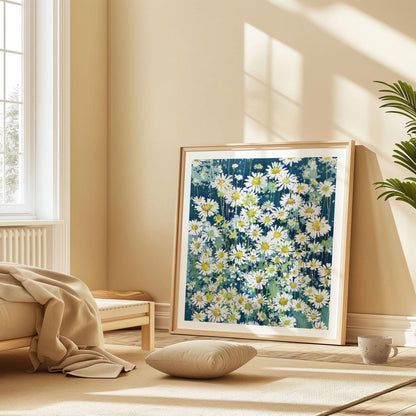 Large framed floral art print featuring white daisies with yellow centers on a deep teal background, leaning against a beige wall in a sunlit minimalist room. The space includes a low wooden bed with a tan blanket, a floor cushion, a ceramic mug, and soft natural light streaming through tall windows.