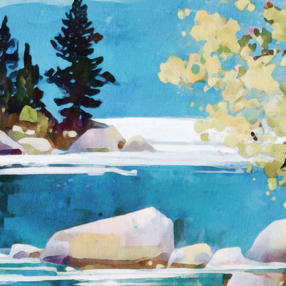 Close-up of a modern impressionist painting showing a turquoise lake with large pale rocks, dark green pine trees on the left, and golden leafy branches on the right. The brushstrokes are bold and textured, with layered colors creating a dreamy, abstract yet natural effect.