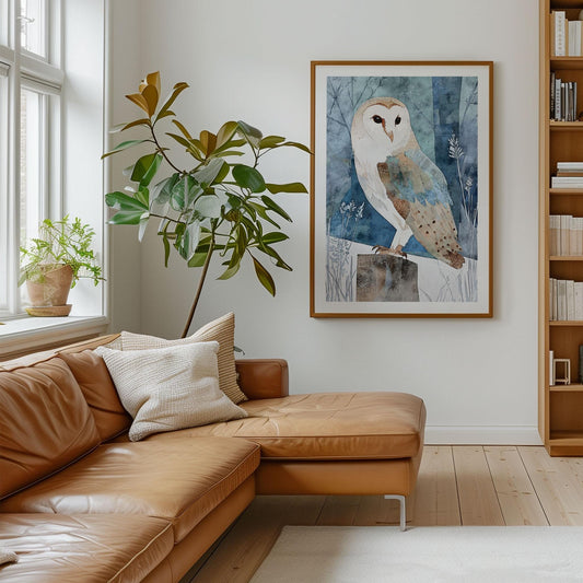 Modern living room with a large framed watercolor-style barn owl print hanging on a white wall above a tan leather sectional sofa. The artwork features a soft blue and tan palette. A tall green potted plant and window with natural light enhance the calm, minimalist atmosphere, complemented by wooden flooring and built-in shelving.