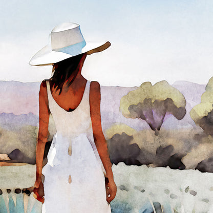 A close-up of a woman from behind, wearing a white dress and a wide-brimmed hat, looking toward distant trees and mountains.