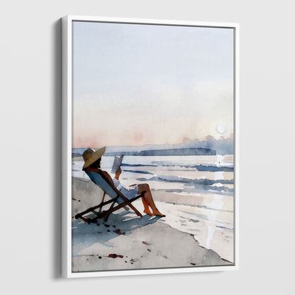 Woman Reading at Sunset Beach Art Print