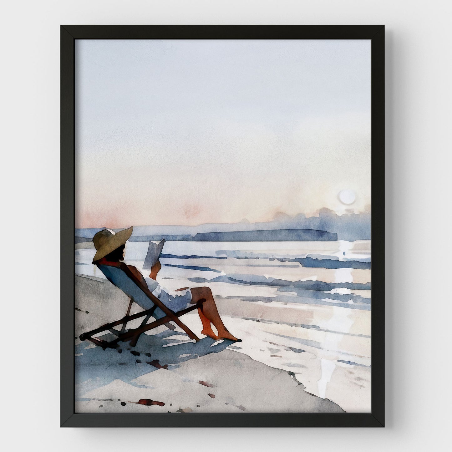 Woman Reading at Sunset Beach Art Print