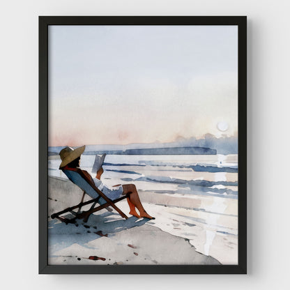 Woman Reading at Sunset Beach Art Print