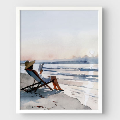 Woman Reading at Sunset Beach Art Print