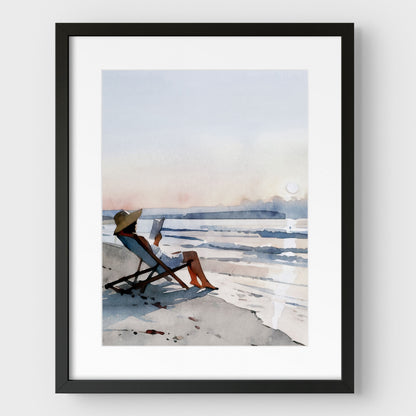 Woman Reading at Sunset Beach Art Print
