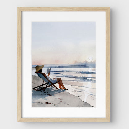 Woman Reading at Sunset Beach Art Print