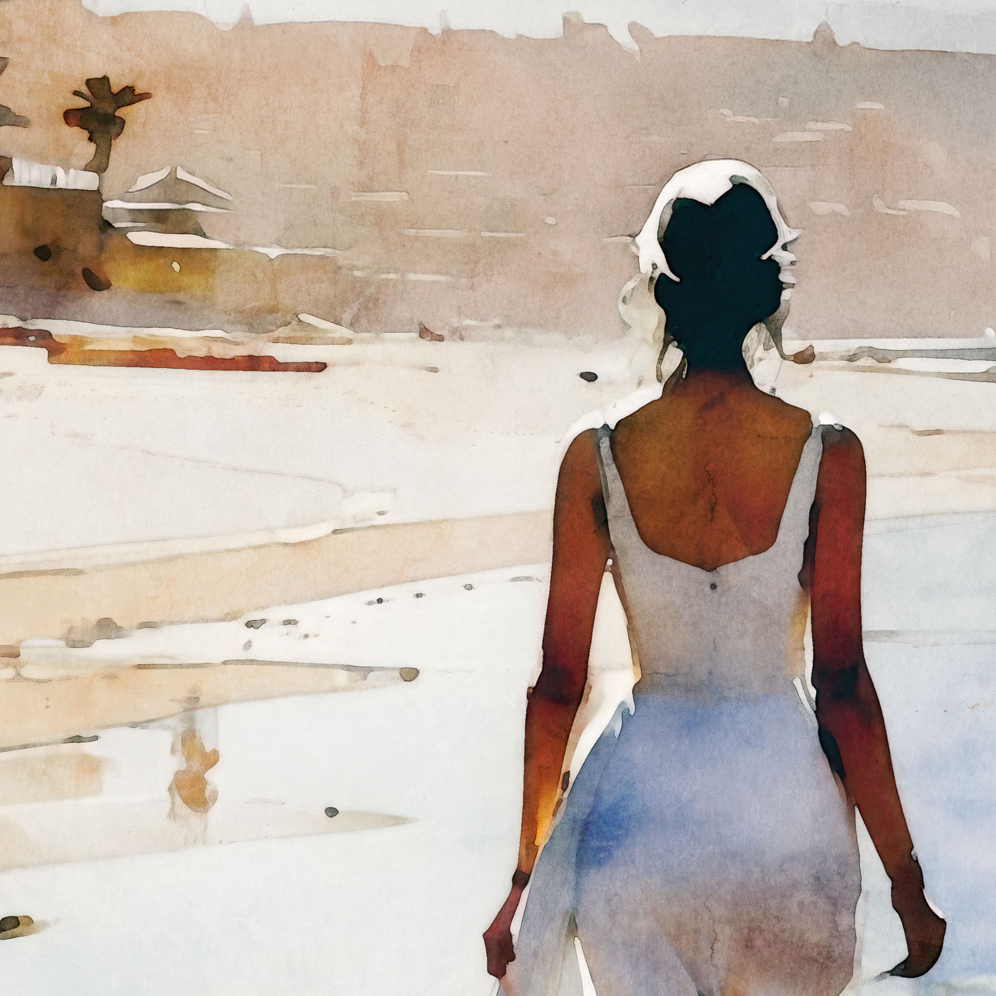 A close-up of a watercolor painting depicts a woman walking along the beach. She is shown from behind, wearing a flowing white dress. The soft, muted colors highlight the serene atmosphere of the shoreline and the warm tones of the distant buildings and landscape.