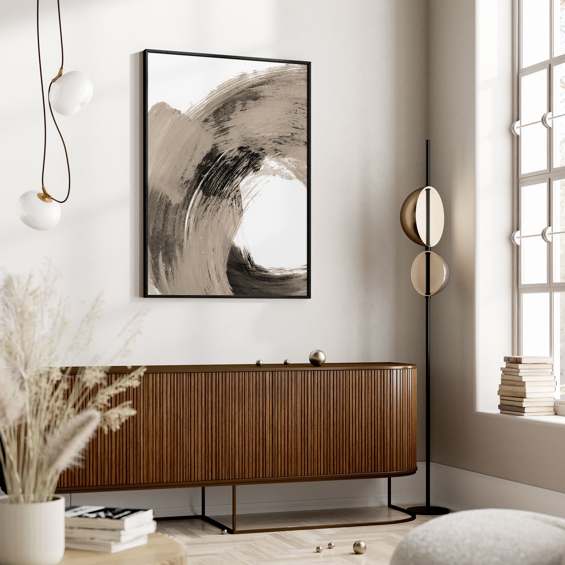 Black and Tan Curved Brushstroke Painting Abstract Print