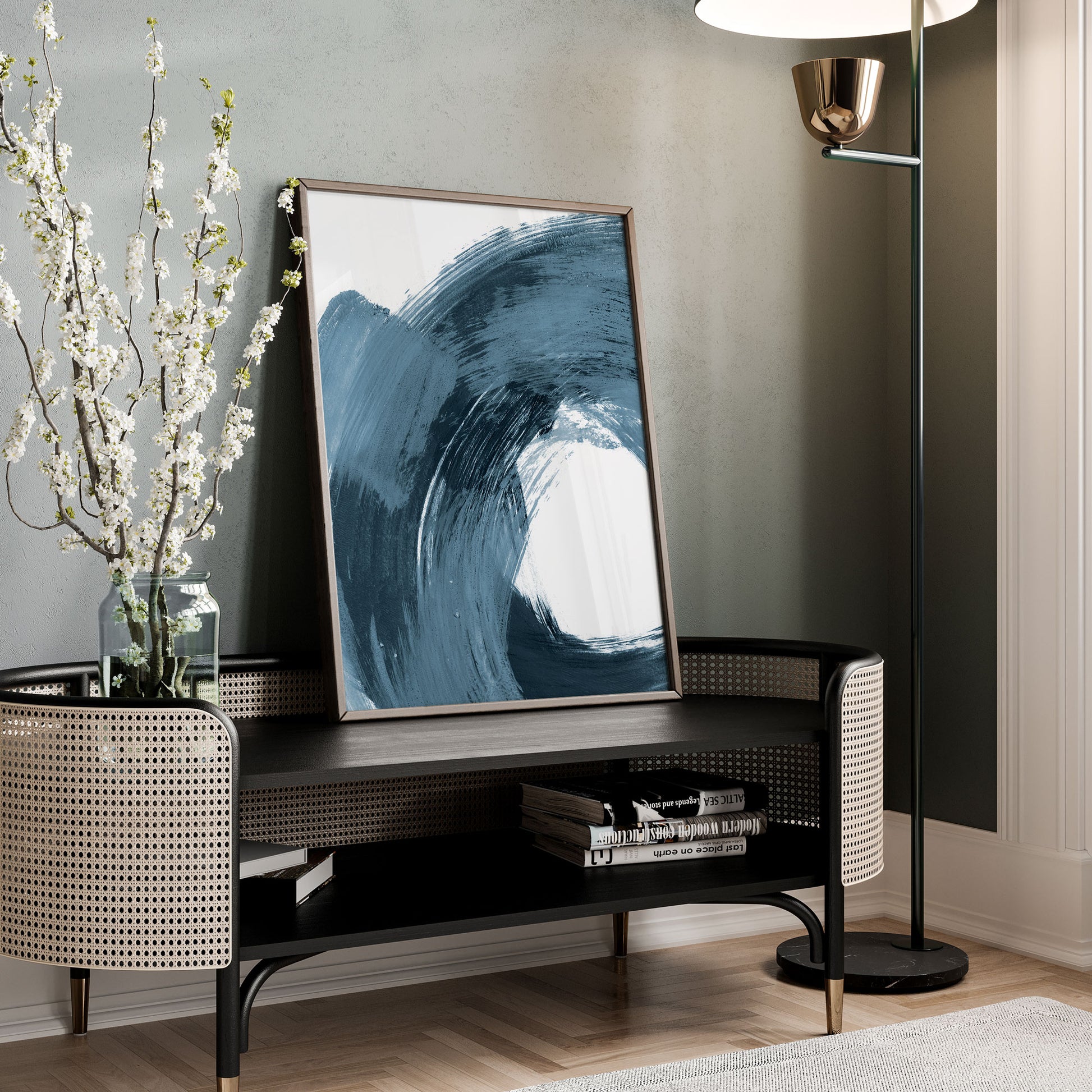Curved Brush Stroke Blue Minimalist Abstract Painting Print