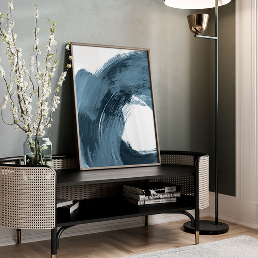 Curved Brush Stroke Blue Minimalist Abstract Painting Print