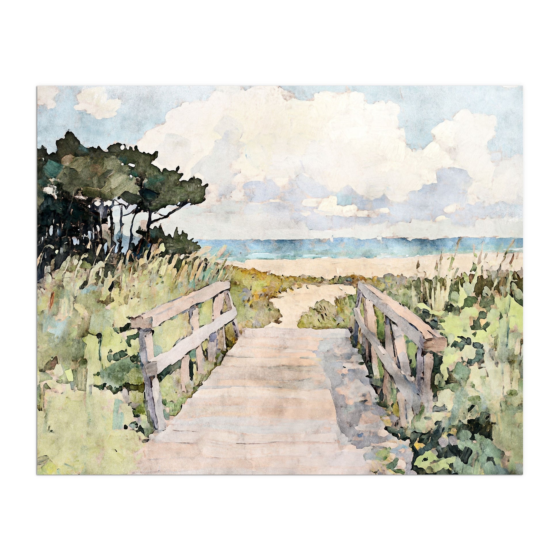 Watercolor-style art print of a sandy boardwalk path leading through grassy dunes toward the ocean, under a sky filled with soft clouds. Weathered wood railings frame the walkway, flanked by lush greenery and windswept sea oats. The distant horizon shows gentle waves and a serene blue sea, evoking the peaceful charm of a coastal escape.