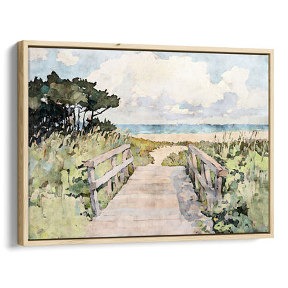 Natural wood framed canvas print of a tranquil beach boardwalk painting in soft watercolor tones. A wooden path flanked by tall dune grasses and wind-shaped trees guides the viewer toward the ocean, under a sky of fluffy white clouds. The scene evokes a breezy, serene coastal escape.