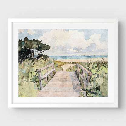 White framed watercolor art print featuring a sandy boardwalk flanked by weathered wooden rails, leading through beach grass toward a serene ocean horizon. Soft clouds drift across a pale blue sky, while windswept pine trees on the left add contrast and balance to the gentle coastal palette.