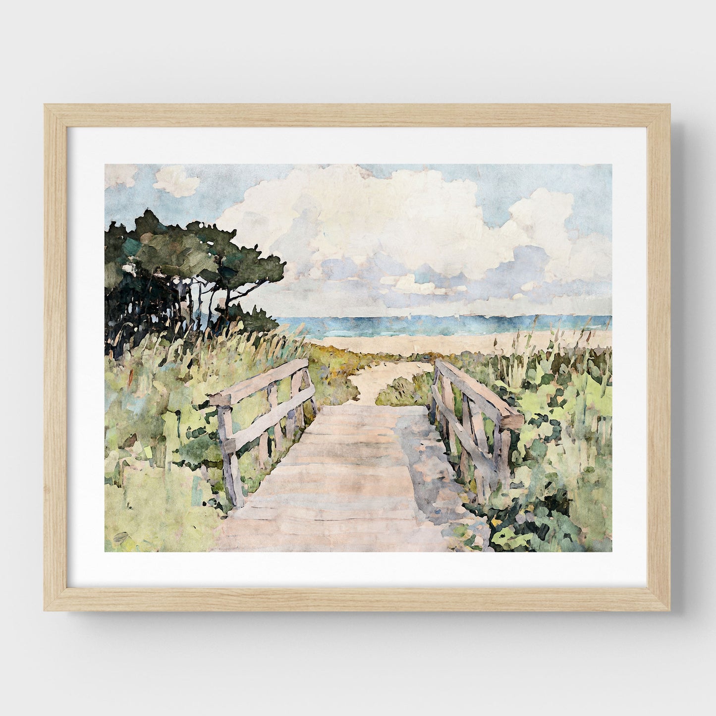 Natural wood framed watercolor art print featuring a sandy boardwalk flanked by weathered wooden rails, leading through beach grass toward a serene ocean horizon. Soft clouds drift across a pale blue sky, while windswept pine trees on the left add contrast and balance to the gentle coastal palette.