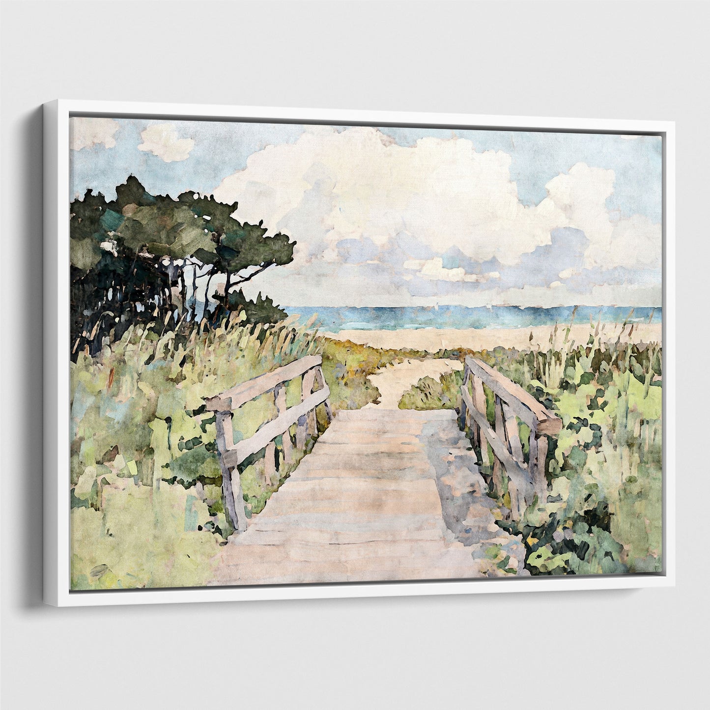 White framed canvas print of a tranquil beach boardwalk painting in soft watercolor tones. A wooden path flanked by tall dune grasses and wind-shaped trees guides the viewer toward the ocean, under a sky of fluffy white clouds. The scene evokes a breezy, serene coastal escape.