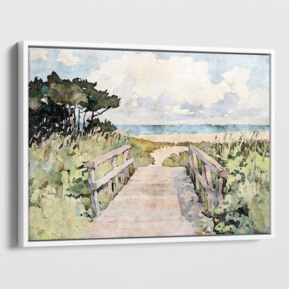 White framed canvas print of a tranquil beach boardwalk painting in soft watercolor tones. A wooden path flanked by tall dune grasses and wind-shaped trees guides the viewer toward the ocean, under a sky of fluffy white clouds. The scene evokes a breezy, serene coastal escape.