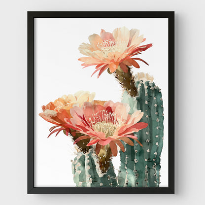 Blush Coral Blooming Cactus Watercolor Print