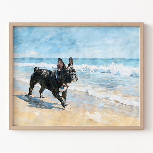 Digital watercolor art print of a brindle French Bulldog on a sandy beach with blue ocean waves in a natural wood frame.