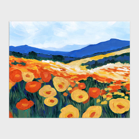 Colorful painting of a California poppy superbloom with vibrant orange and yellow flowers stretching across rolling hills, backed by blue mountains under a bright sky.