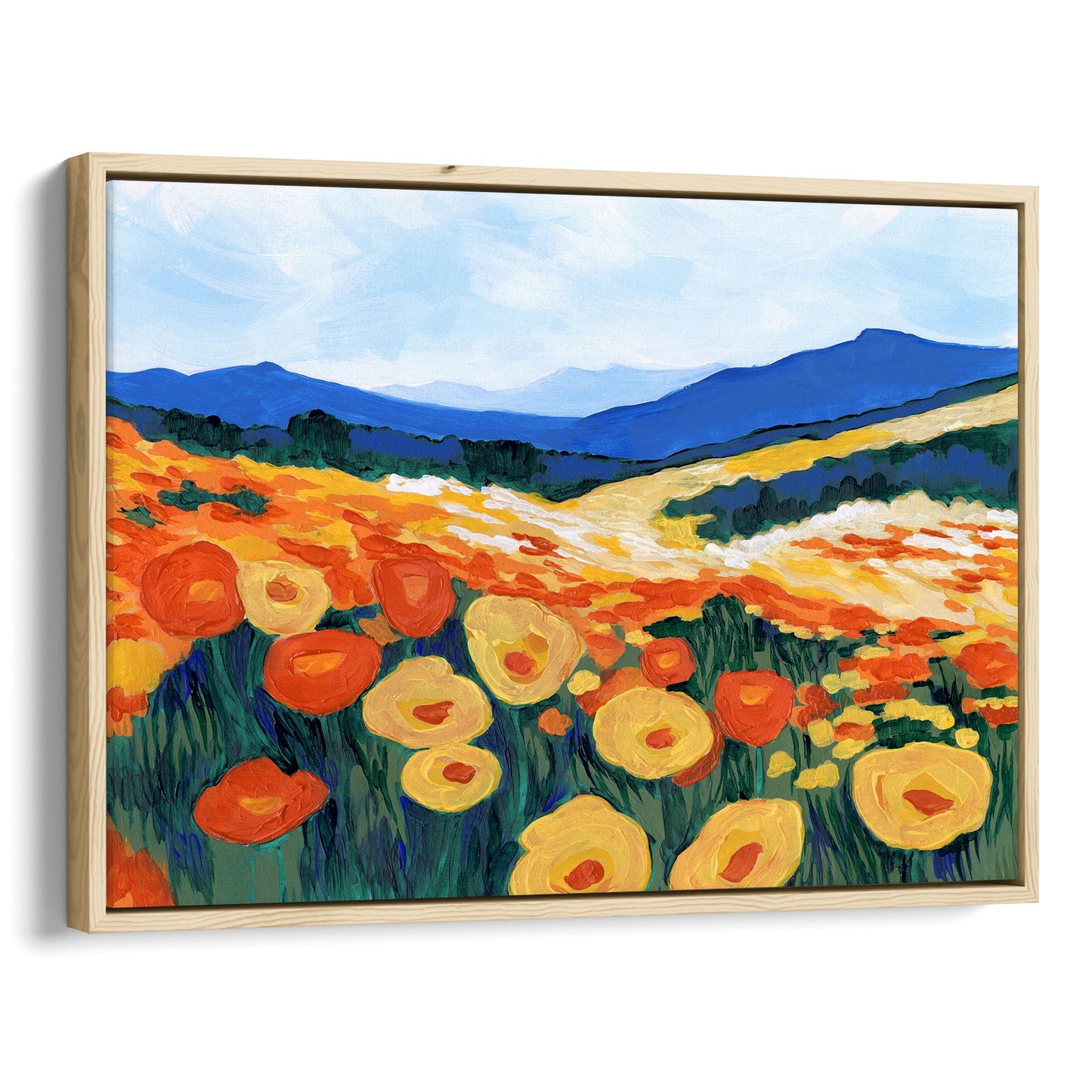 Natural wood framed canvas print of an acrylic painting featuring a California poppy superbloom with vivid orange and yellow flowers against rolling green hills and blue mountains.