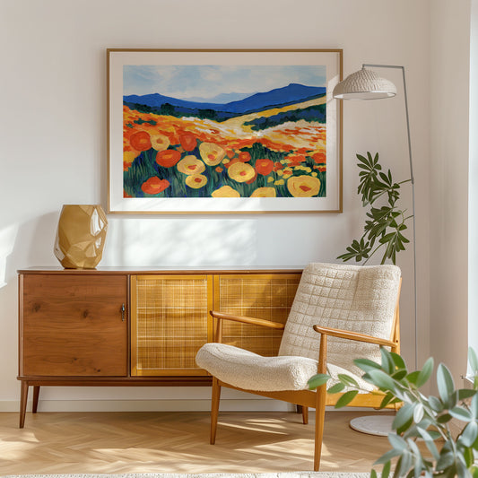 Framed painting of a California poppy superbloom featuring bright orange and yellow flowers against rolling hills and blue mountains, displayed in a modern, sunlit living room.