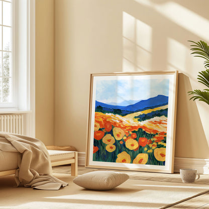 Large framed painting of a California poppy superbloom leaning against a sunlit beige wall in a cozy, minimalist bedroom with natural wood furniture and soft textiles.
