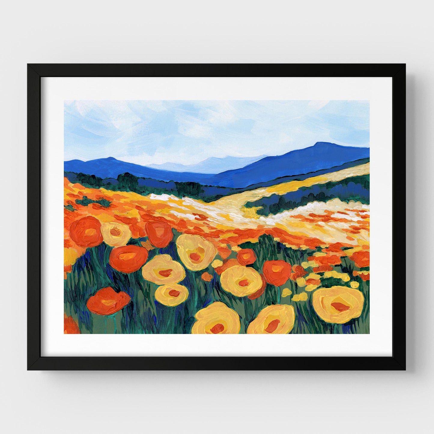 Black framed acrylic painting of a California poppy superbloom, featuring vibrant orange and yellow flowers against rolling hills and a blue sky.