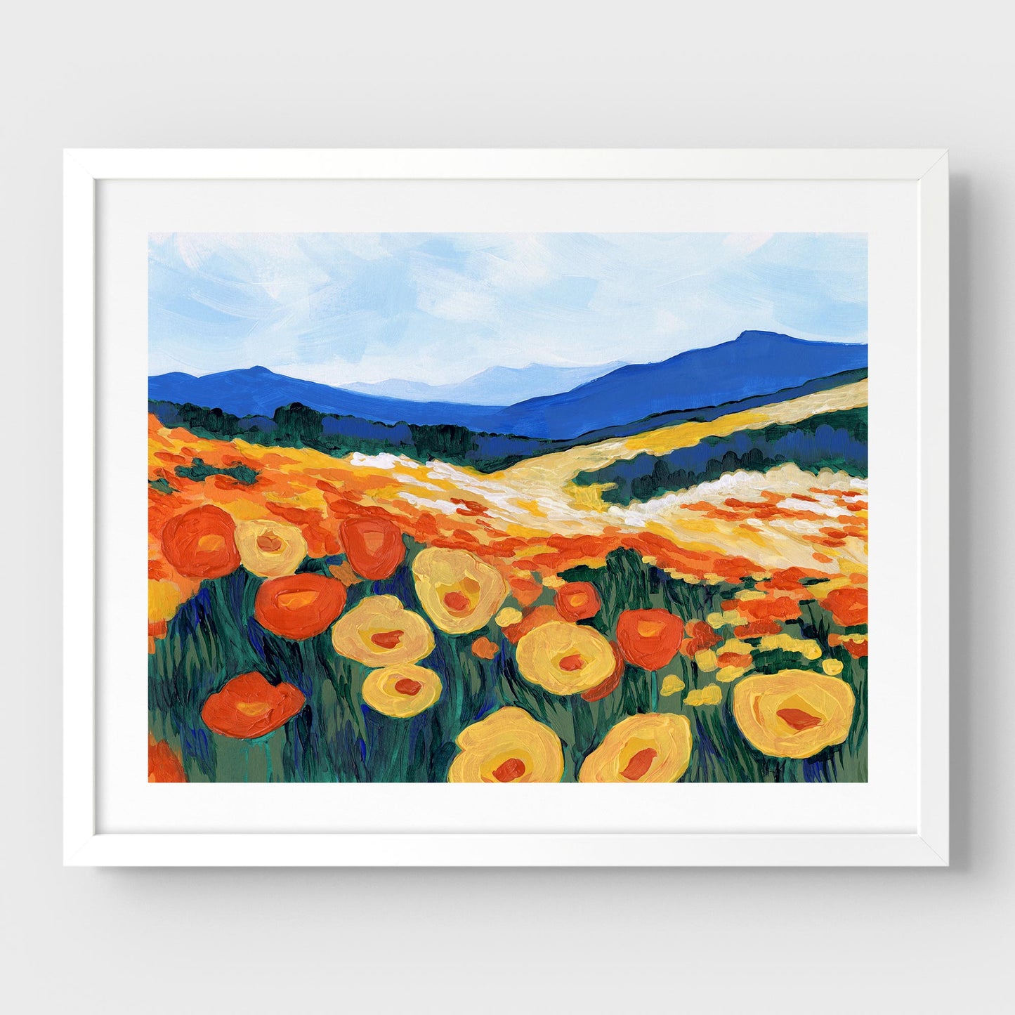 White framed acrylic painting of a California poppy superbloom, featuring vibrant orange and yellow flowers against rolling hills and a blue sky.