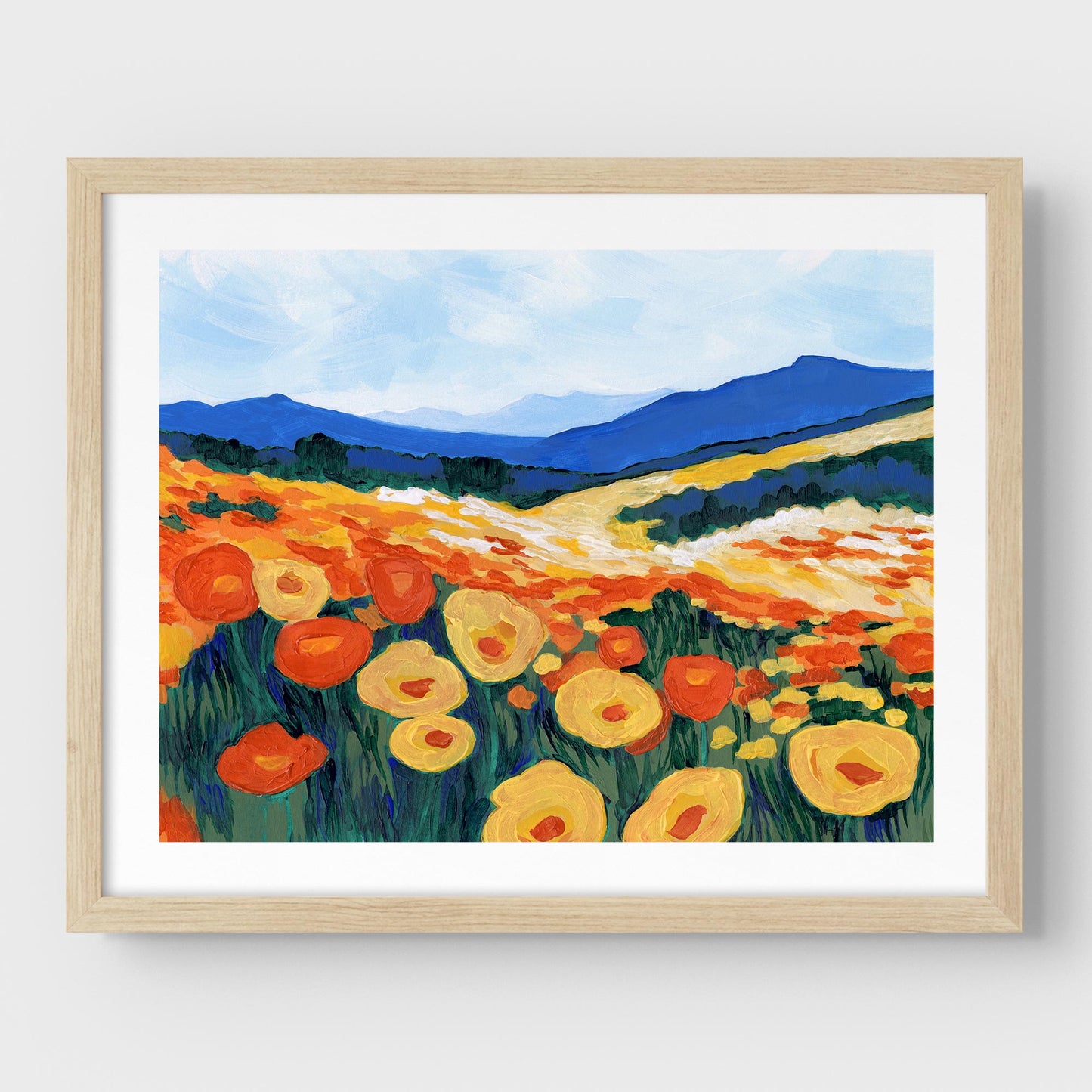 Natural wood framed acrylic painting of a California poppy superbloom, featuring vibrant orange and yellow flowers against rolling hills and a blue sky.