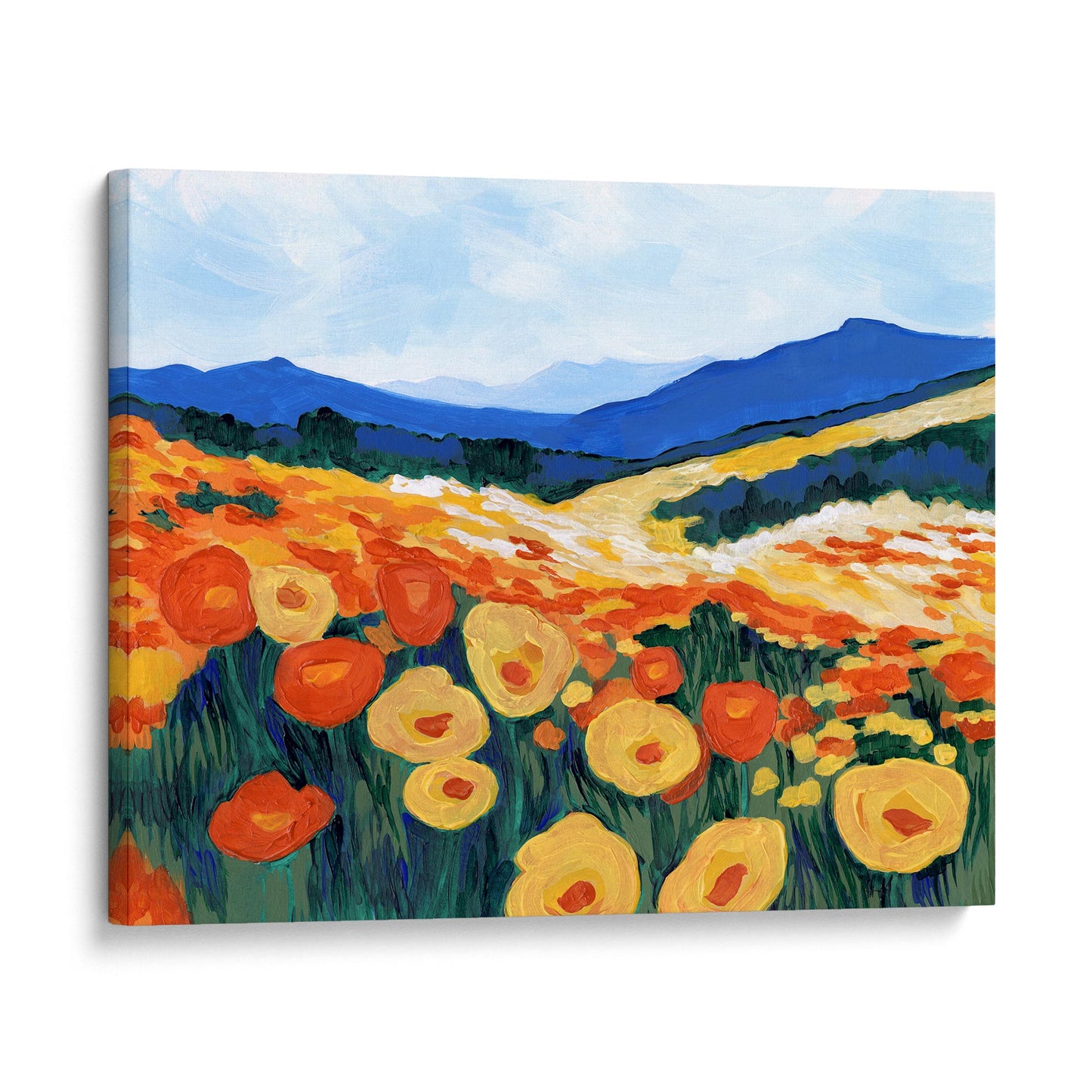 Canvas print of an acrylic painting depicting a California poppy superbloom with bright orange and yellow flowers against rolling green hills and blue mountains.
