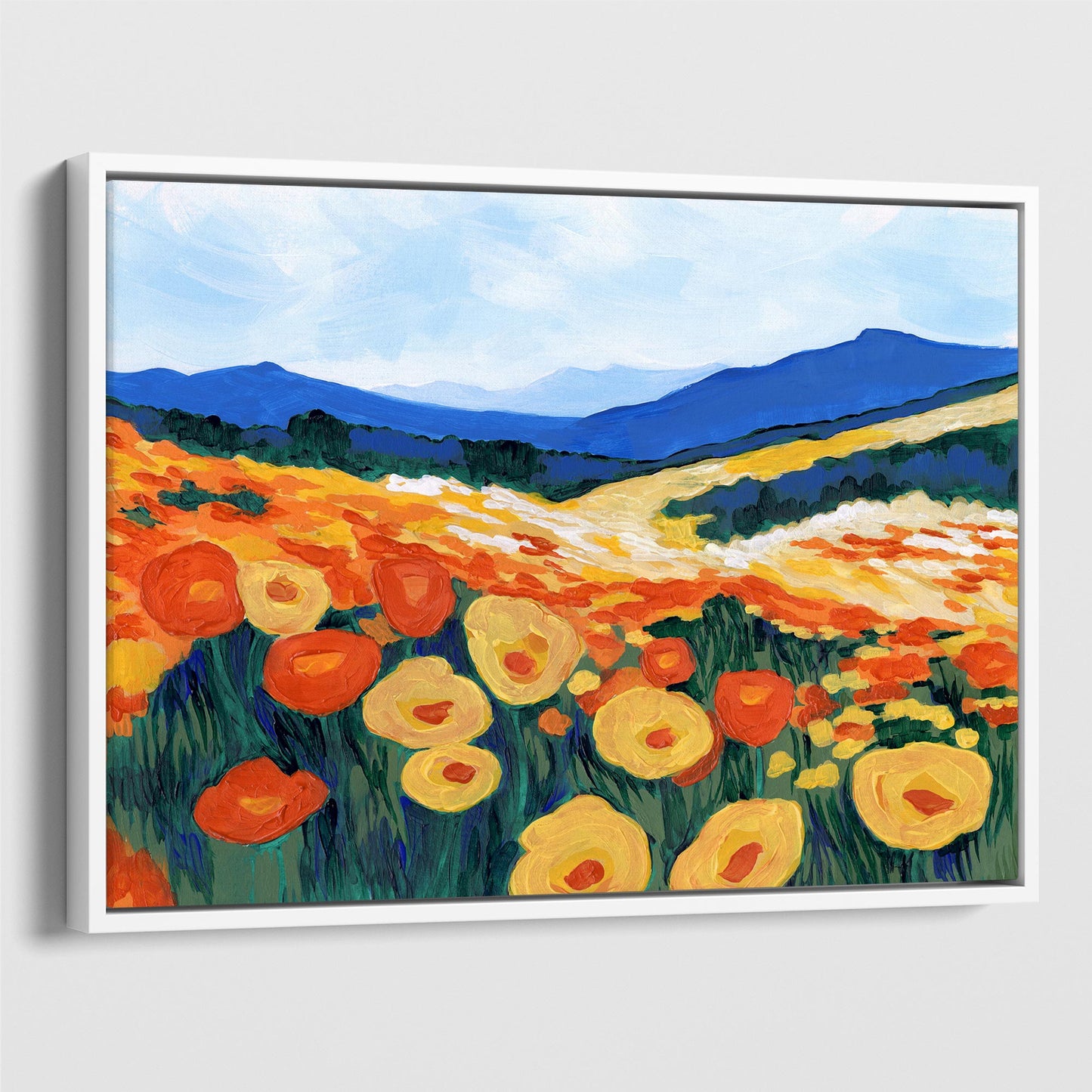 White framed canvas print of an acrylic painting featuring a California poppy superbloom with vivid orange and yellow flowers against rolling green hills and blue mountains.