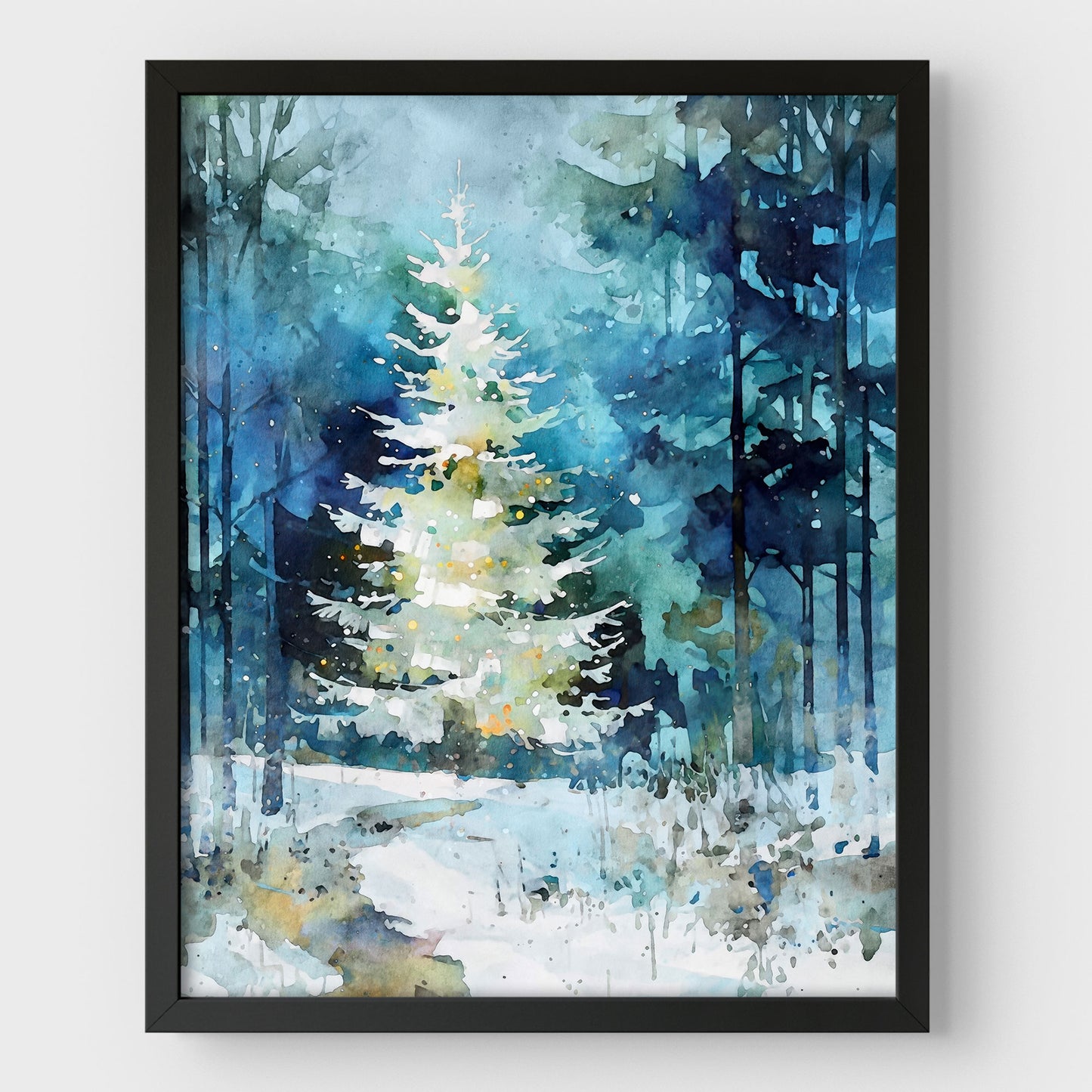 Winter Forest Glow Watercolor Christmas Tree Art Print