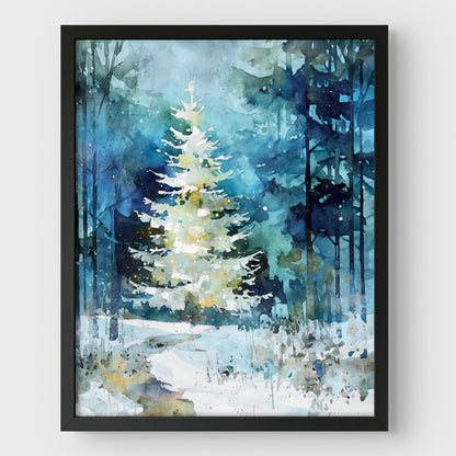 Winter Forest Glow Watercolor Christmas Tree Art Print