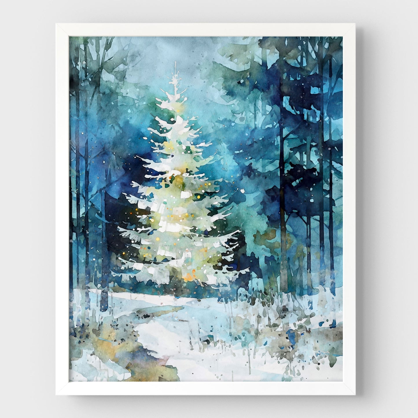 Winter Forest Glow Watercolor Christmas Tree Art Print