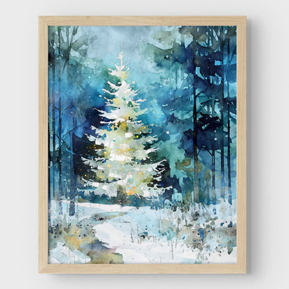 Framed artwork of a snowy forest scene with a prominent tree.