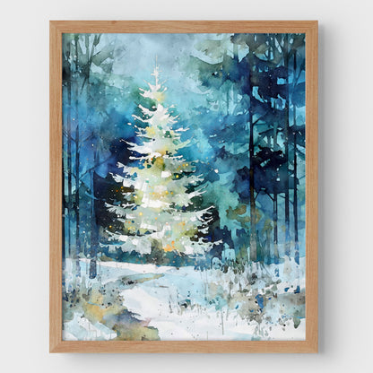 Winter Forest Glow Watercolor Christmas Tree Art Print