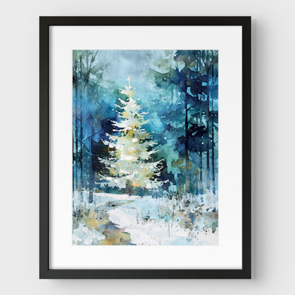 Winter Forest Glow Watercolor Christmas Tree Art Print