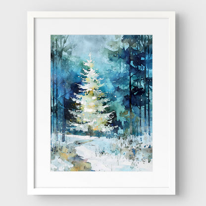 Winter Forest Glow Watercolor Christmas Tree Art Print