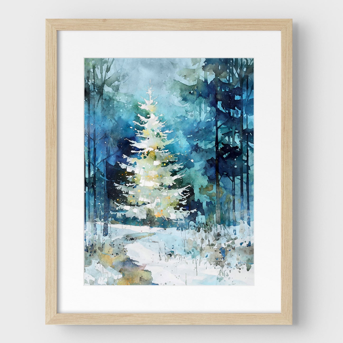 Winter Forest Glow Watercolor Christmas Tree Art Print