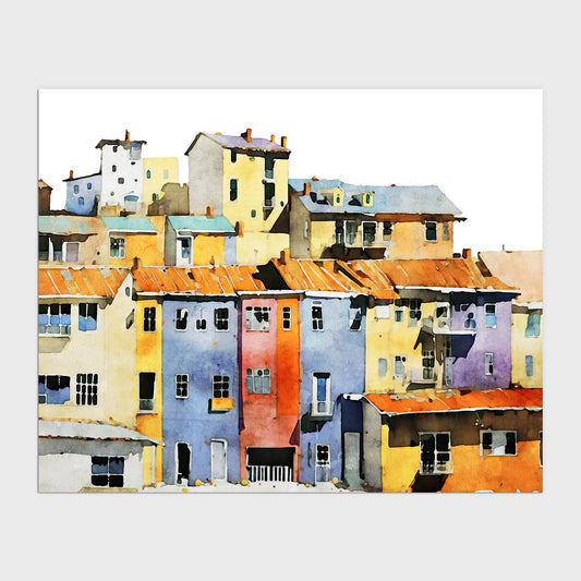 Watercolor-style painting of a hillside village with colorful buildings in shades of yellow, blue, purple, and red, featuring tiled roofs and windows.