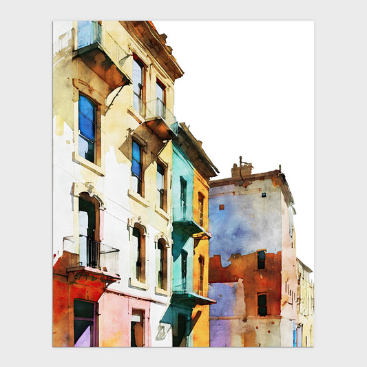 Watercolor-style painting of colorful buildings with pastel facades in shades of blue, green, orange, and pink, featuring balconies and windows.