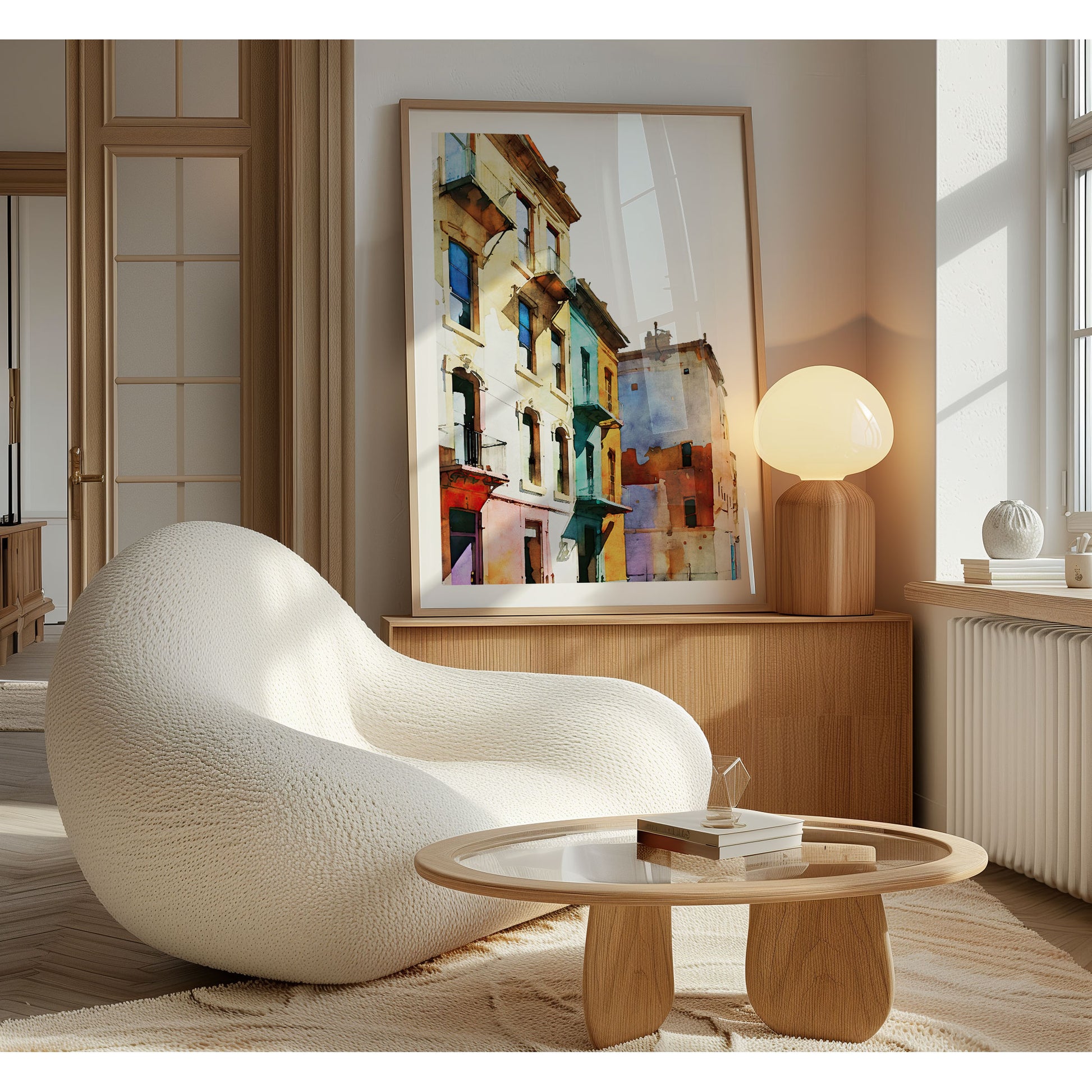 Framed watercolor painting of colorful buildings with pastel facades, leaning against a wall in a sunlit room with a modern chair and wooden table.
